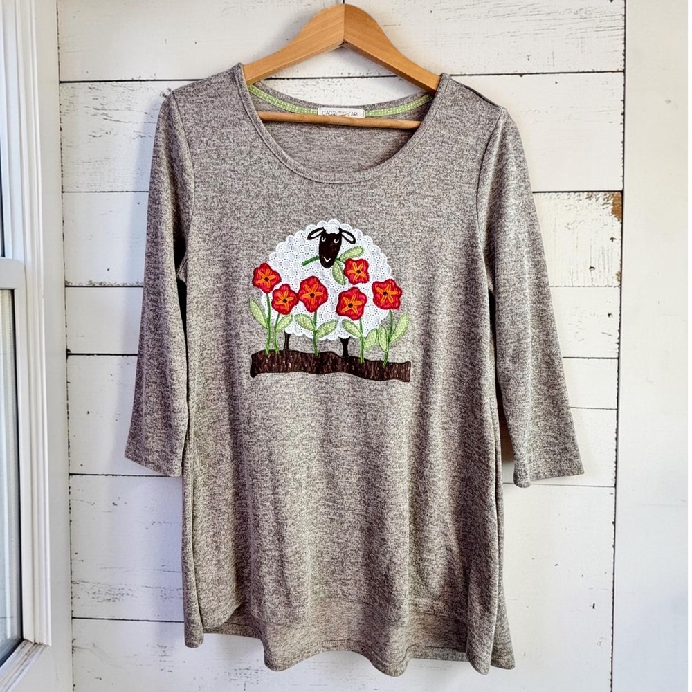 Whimsical Sheep Applique Top Cactus + Pearl S Oatmeal Farmcore Animal Grannycore